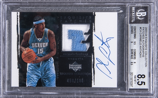 2003-04 UD "Exquisite Collection" Patches Autographs #CA Carmelo Anthony Signed Game Used Patch Rookie Card (#056/100) – BGS NM-MT+ 8.5/BGS 10
